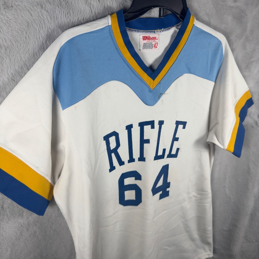Vintage Wilson‎ Rifle 64 Baseball Jersey Mens 42 White Blue 1970s Made in USA